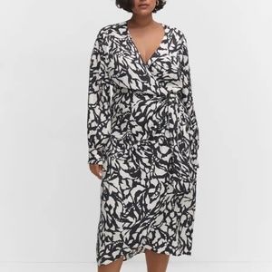 MANGO Print Wrap Dress Women Size 18 Black And White Midi Long Sleeve Dress